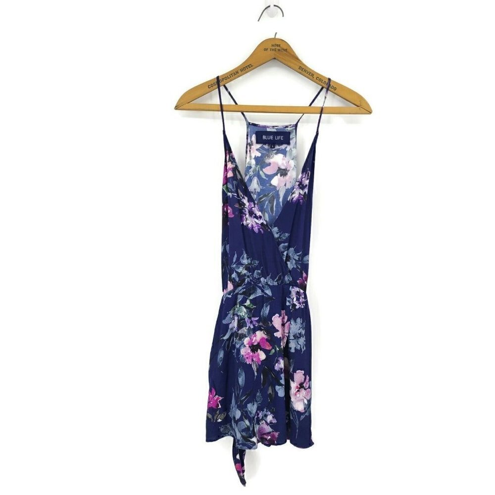 Blue Life Blue Floral Romper Womens Large Skirt Front Waist Tie